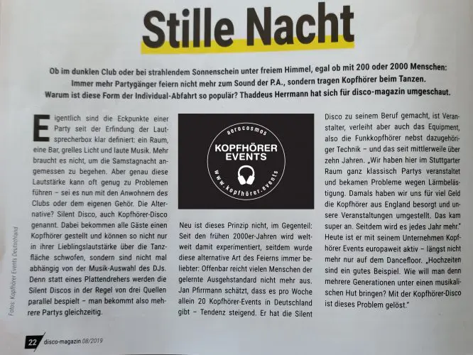 Disco Magazin Beitrag über das Konzept Silent Disco und die Firma Kopfhörer Events Deutschland - Seite 1