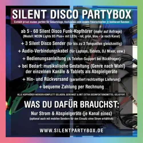 Silent Disco Partybox Flyer für eine Kopfhörerparty Zuhause oder privat mieten