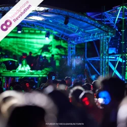 Festivalbesucher vor einer Bühne auf dem Electronic Wine Festival bei einer Silent Disco mit Silent Kopfhörern.