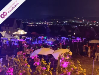 Eine Silent Party bei der Klanglese den Stuttgarter Weinbergen mit vielen Menschen, die Silent Disco Kopfhörer tragen und tanzen.